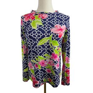 Ibkul Top Small Navy Pink Floral Long Sleeve Knit SPF 50 Pullover Golf Active